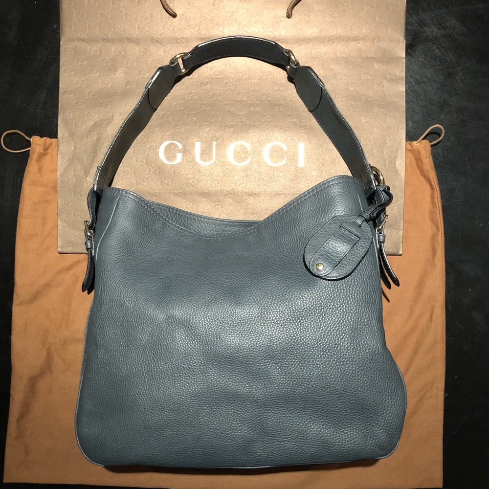 Gucci Heritage Web Hobo Blue Pebbled Leather